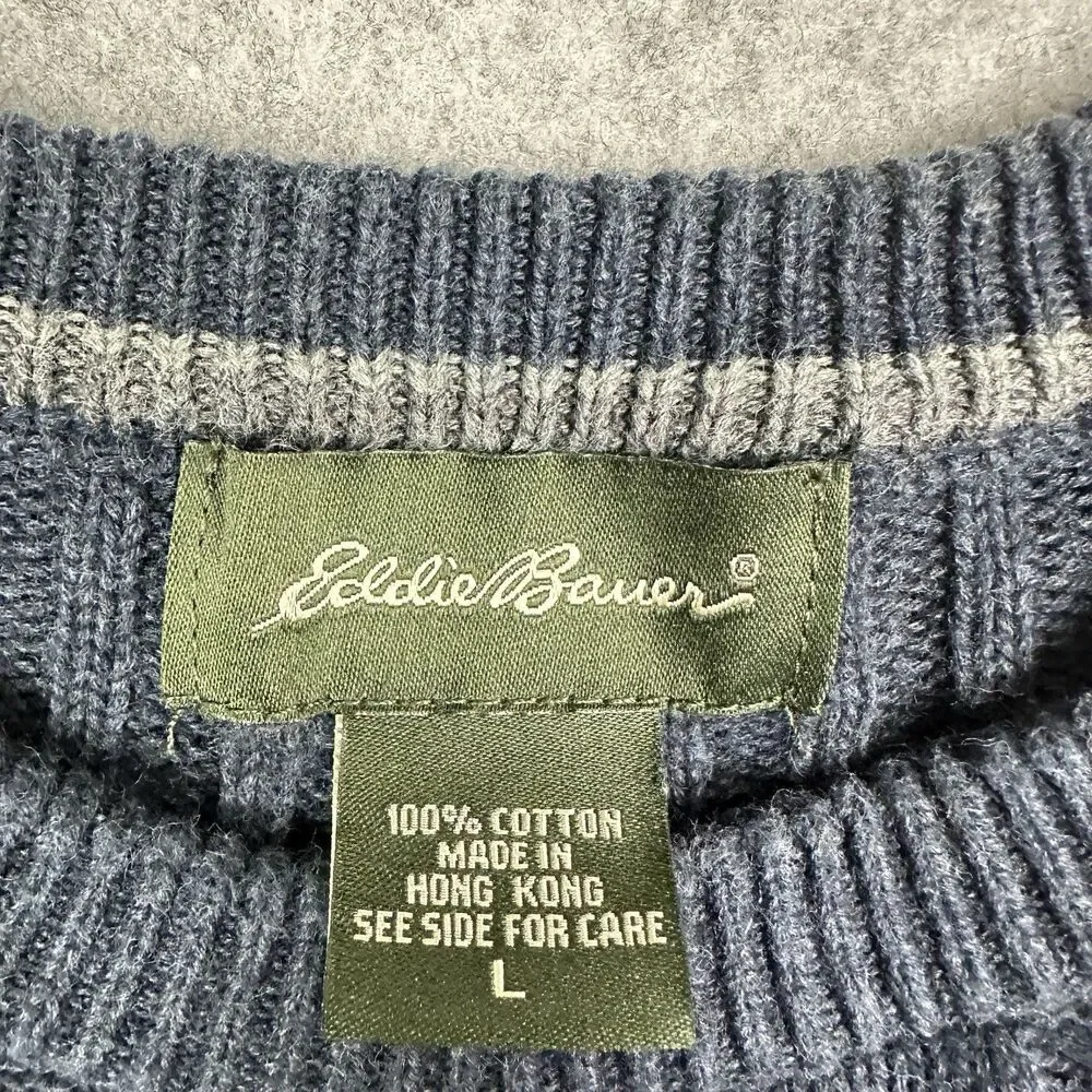 Vintage Eddie Bauer Cable Knit Sweater Mens Large Blue Cotton Crewneck Preppy